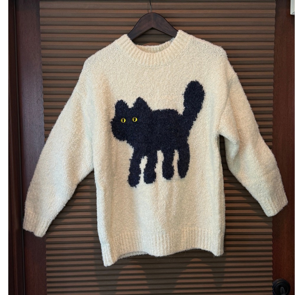 Cider Black Cat Whimsigoth Fluffy Sweater Women XS Beige Graphic Witchy EUC